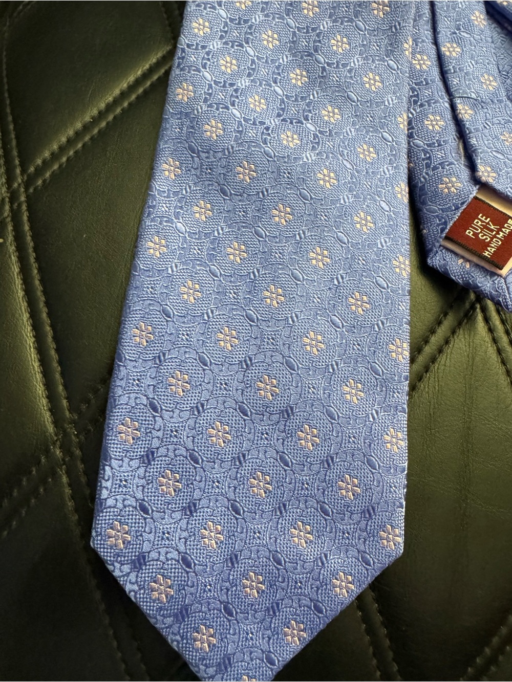 T.M.Lewin Light Blue Silk Tie with Cream Medallion Pattern